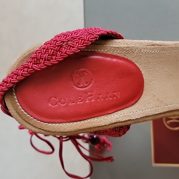 COLE HAAN Lyris Red Macrame Woven Sandal Rope Open Toe Ankle Wrap Cork Heel - Picture 7 of 8